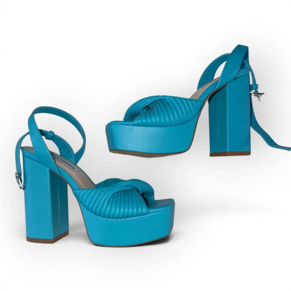 Steve Madden Thea Turquoise Blue Ruched Twist Platform Block Heels Womens 6M